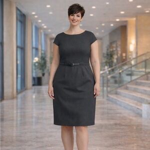 Calvin Klein Gray Sheath Dress Size 12 Belted Cap Sleeve Career Office Midi